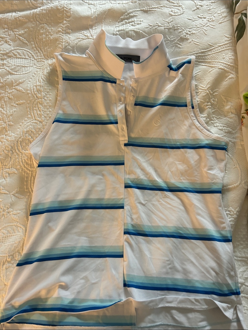 G/FORE Women's Sleeveless Polo Tank in White with Blue & Teal Stripes